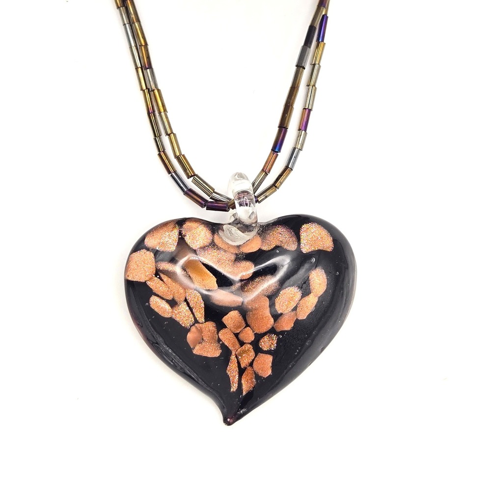 Dichroic Glass Heart Pendant Necklace Black‎ with Copper Flecks Beaded Chain